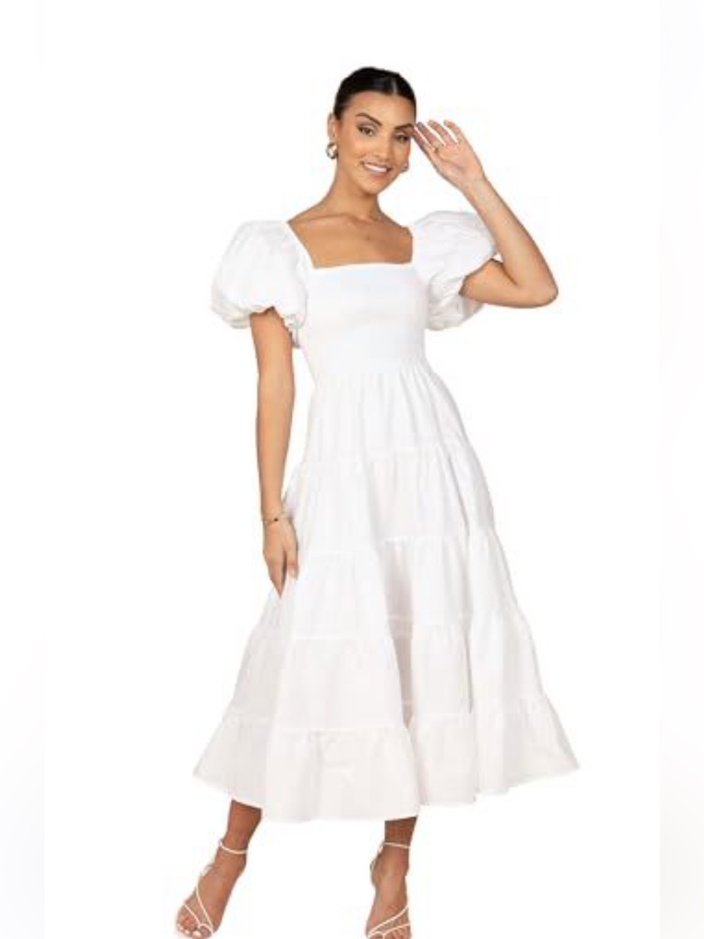 Petal & Pup - ANNETTE PUFF SLEEVE SHIRRED MIDI DRESS - WHITE XS